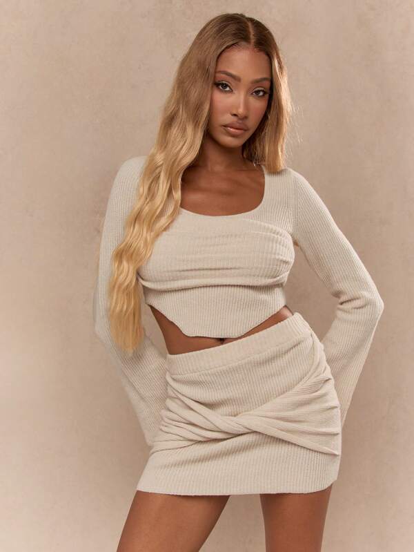 missguided MISSGUIDED Drape Knitted Corset Detail Long Sleeves Top And Cross Drape Detail Waist Bodycon Mini Skirt Two Piece Co-Ord Set