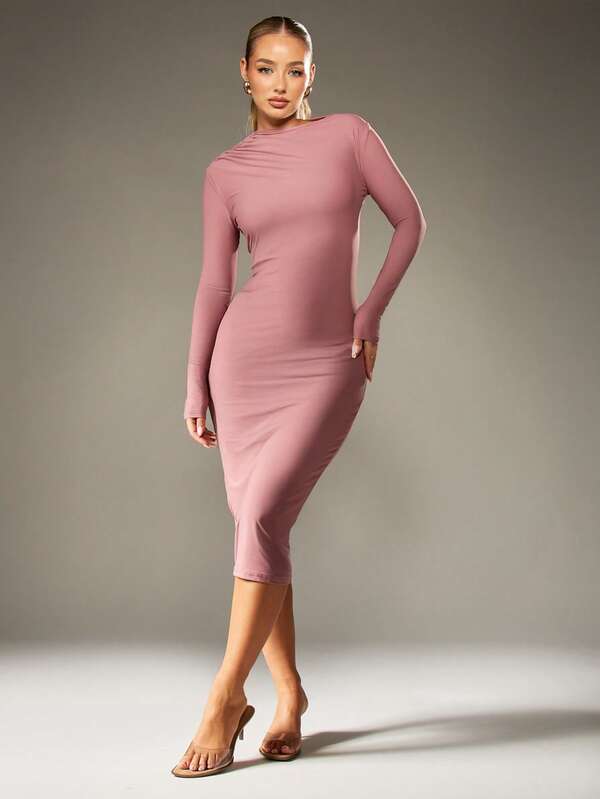 Missguided MISSGUIDED Draped Bodycon Midi Dress With Long Sleeves