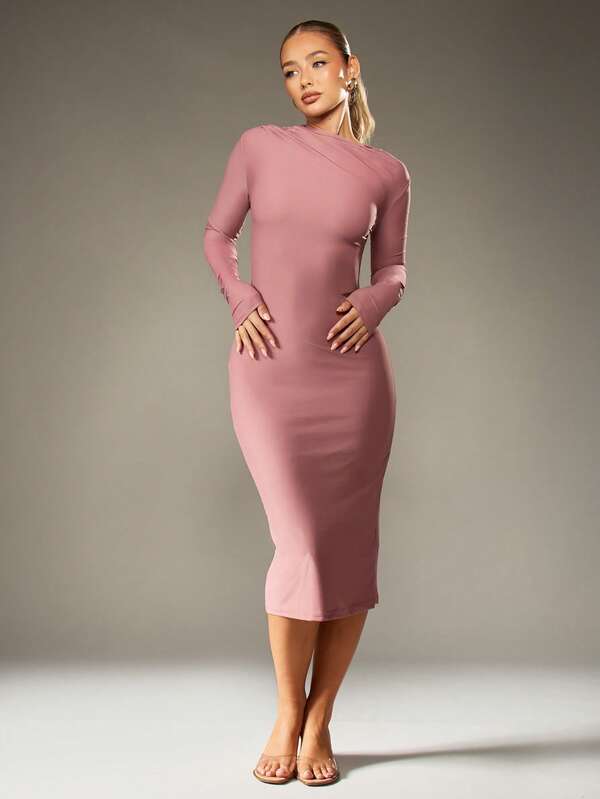 missguided MISSGUIDED Draped Bodycon Midi Dress With Long Sleeves