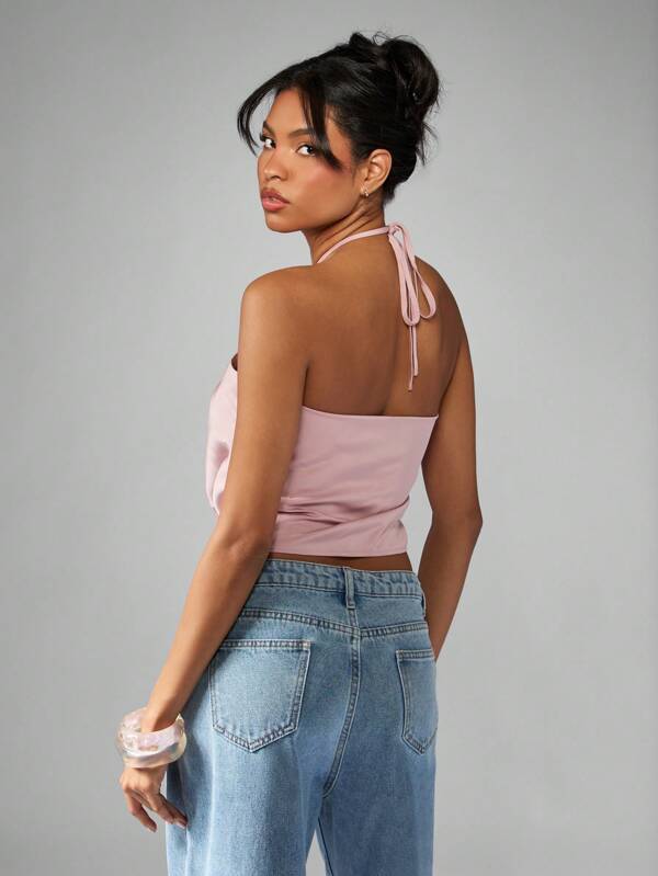 Missguided MISSGUIDED Draped Cowl Front Halter Neck Blouse With Tie Back