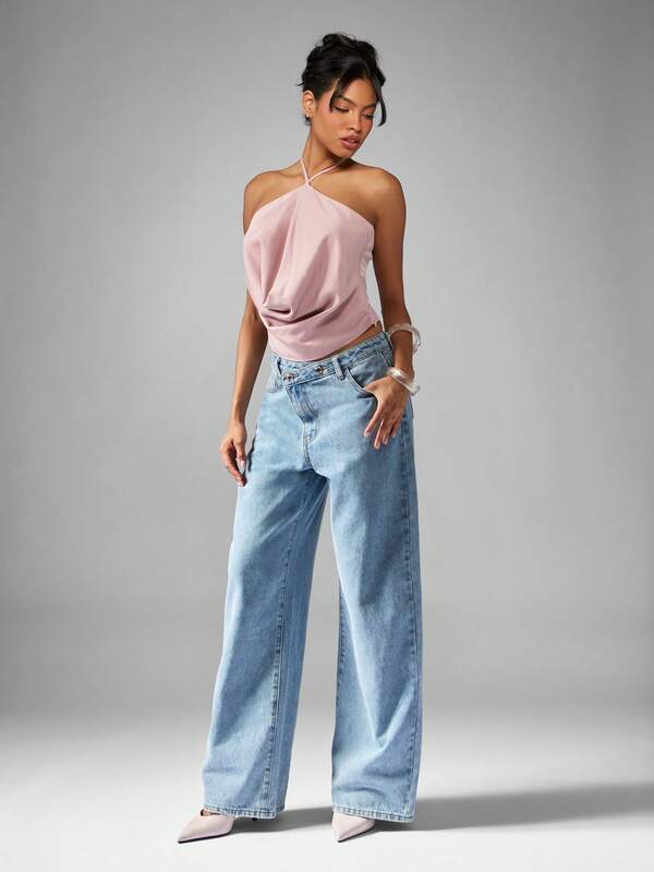 Missguided MISSGUIDED Draped Cowl Front Halter Neck Blouse With Tie Back