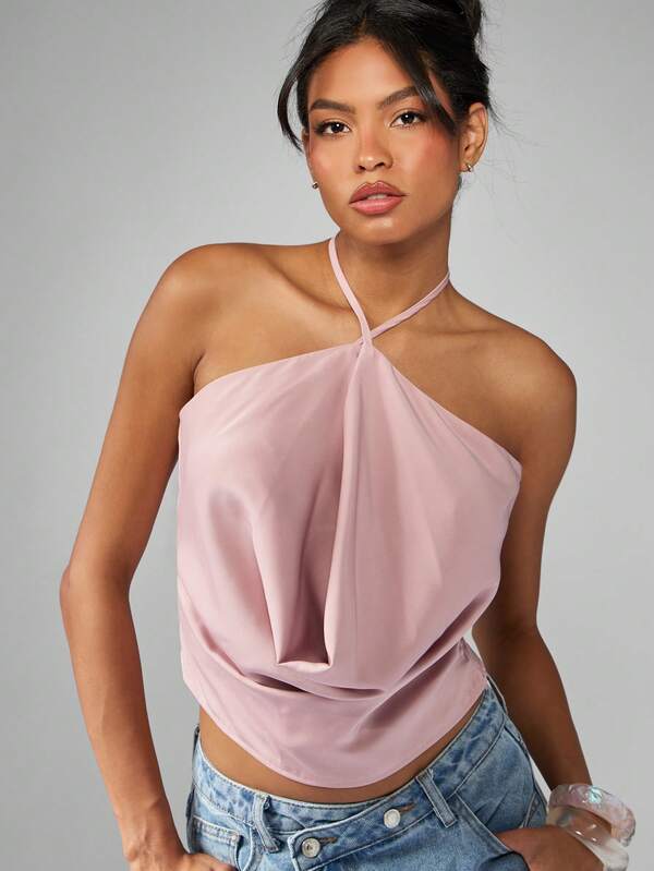 Missguided MISSGUIDED Draped Cowl Front Halter Neck Blouse With Tie Back