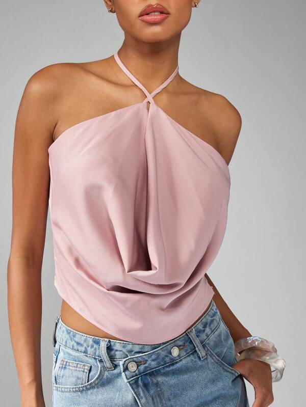 missguided MISSGUIDED Draped Cowl Front Halter Neck Blouse With Tie Back