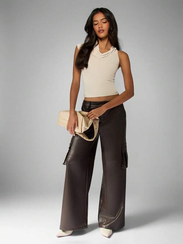 Missguided MISSGUIDED Draped Cowl Neck Sleeveless Crop Tank With Fitted Silhouette