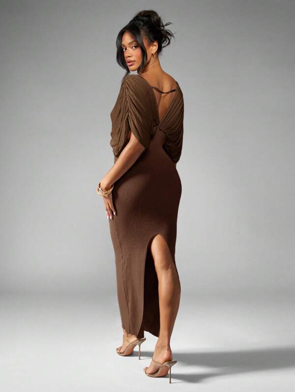 Missguided MISSGUIDED Draped Dolman Sleeve Maxi Dress With Plunging Neckline