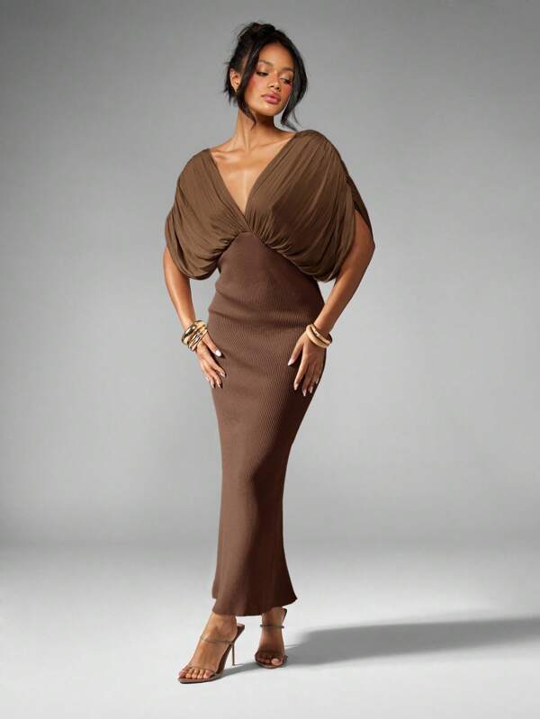 missguided MISSGUIDED Draped Dolman Sleeve Maxi Dress With Plunging Neckline