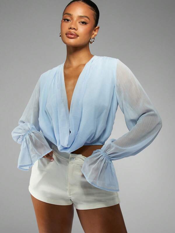 missguided MISSGUIDED Draped Front Chiffon Blouse With Bell Sleeves