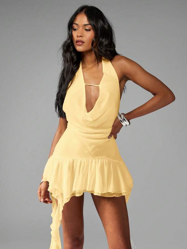 Missguided MISSGUIDED Draped Front Halter Neck Asymmetric Ruffle Mini Dress
