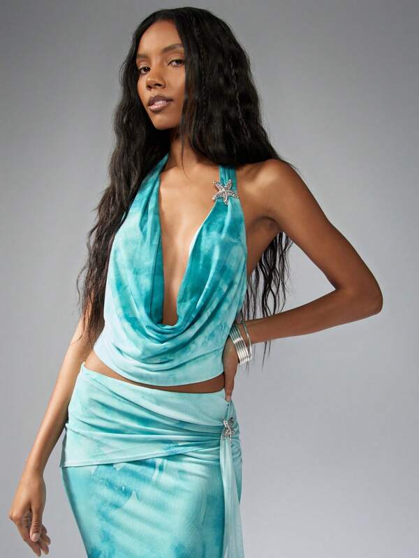 missguided MISSGUIDED Draped Halter Neck Crop Top With Crystal Starfish Brooch Detail