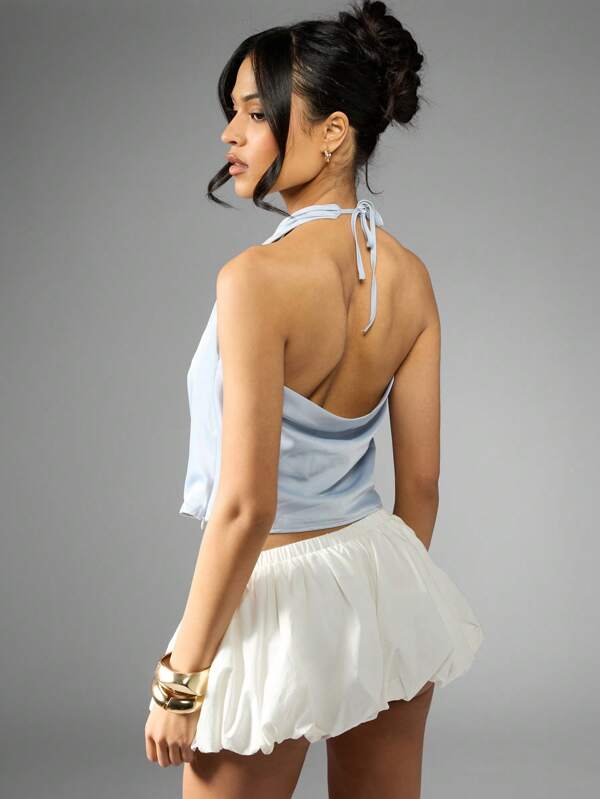 Missguided MISSGUIDED Draped Halter Neck Satin Crop Top Sleeveless Tie Back Detail