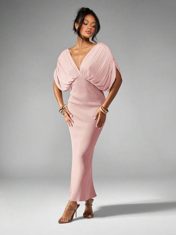 missguided MISSGUIDED Draped Maxi Dress With Plunge Neck And Side Slit