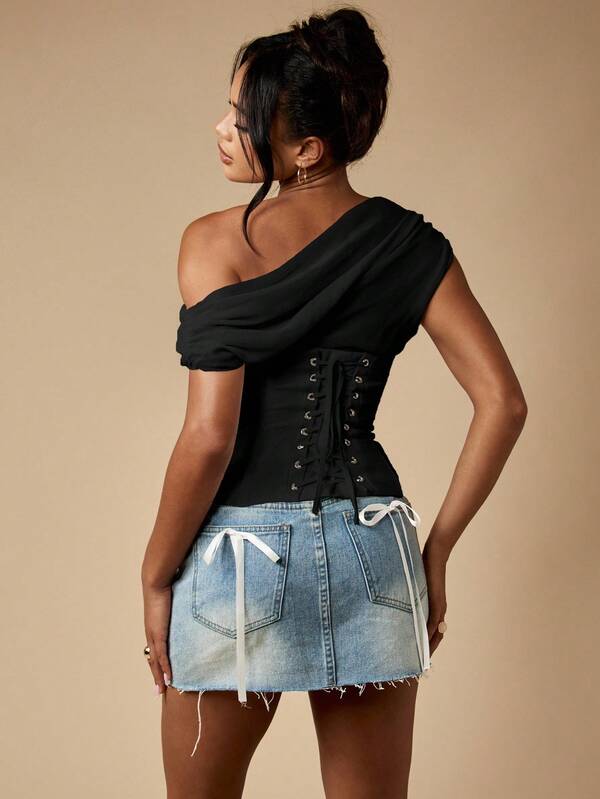 Missguided MISSGUIDED Draped One Shoulder Corset Top With Lace Up Back