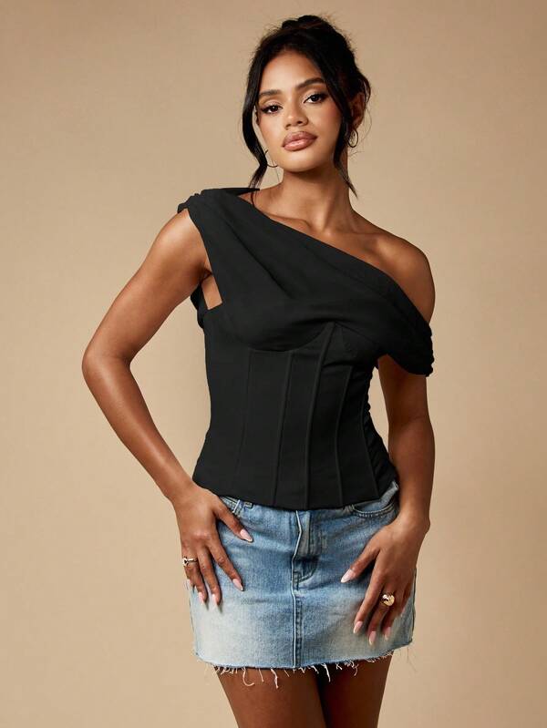 Missguided MISSGUIDED Draped One Shoulder Corset Top With Lace Up Back