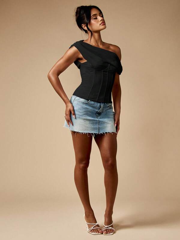 Missguided MISSGUIDED Draped One Shoulder Corset Top With Lace Up Back