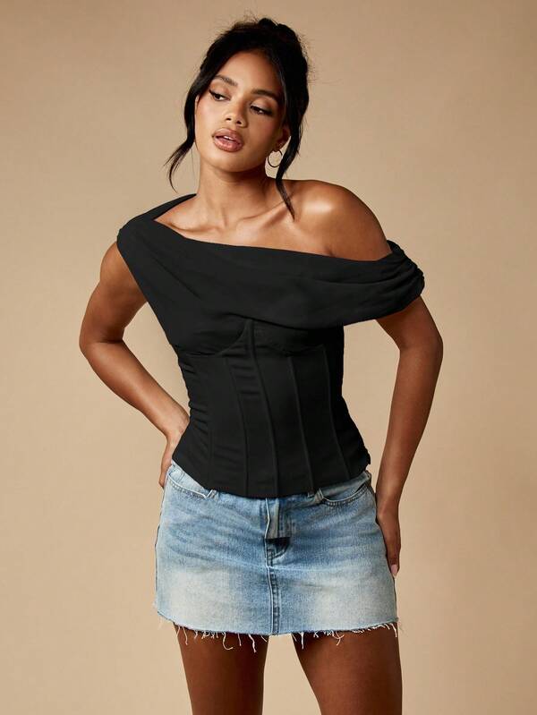 missguided MISSGUIDED Draped One Shoulder Corset Top With Lace Up Back
