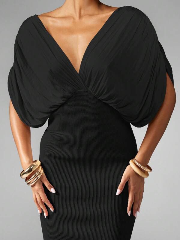 Missguided MISSGUIDED Draped Sleeve Maxi Dress With Plunge Neckline