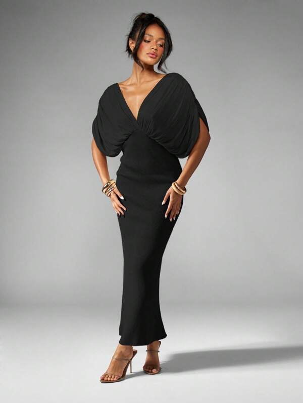 missguided MISSGUIDED Draped Sleeve Maxi Dress With Plunge Neckline