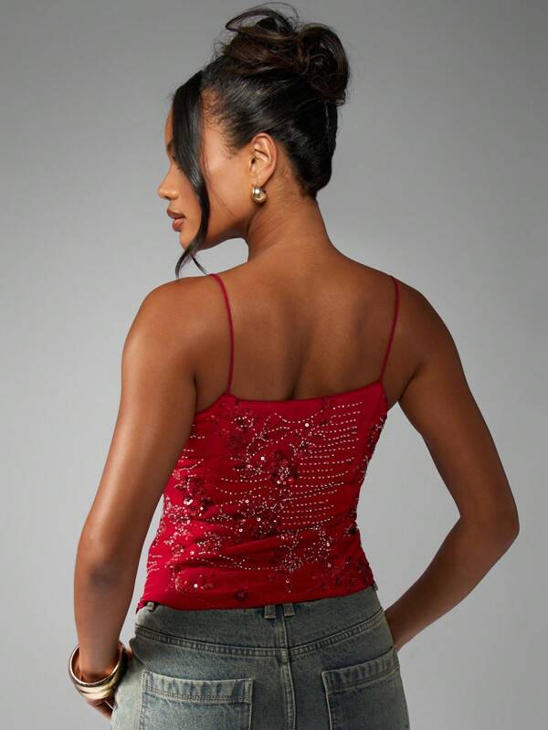 Missguided MISSGUIDED Dressy Embellished Crystal Beaded Spaghetti Strap Sparkle Cami Top