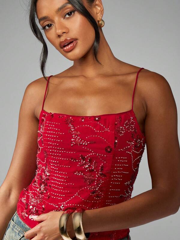 Missguided MISSGUIDED Dressy Embellished Crystal Beaded Spaghetti Strap Sparkle Cami Top
