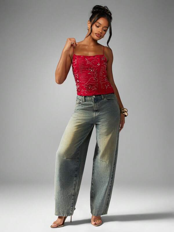 Missguided MISSGUIDED Dressy Embellished Crystal Beaded Spaghetti Strap Sparkle Cami Top