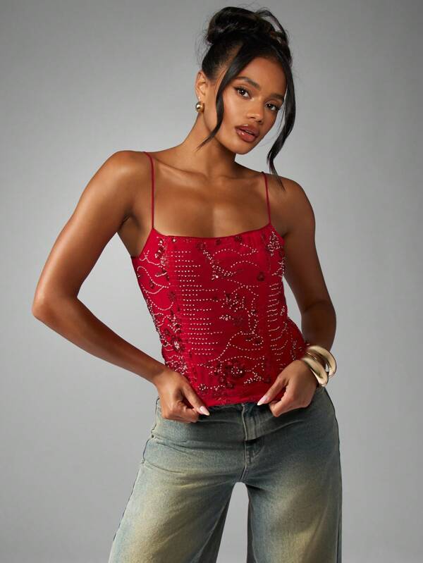 missguided MISSGUIDED Dressy Embellished Crystal Beaded Spaghetti Strap Sparkle Cami Top