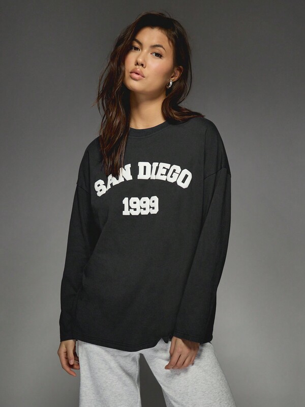 Missguided MISSGUIDED Drop Shoulder Long Sleeves Wool Print Graphic T-Shirt