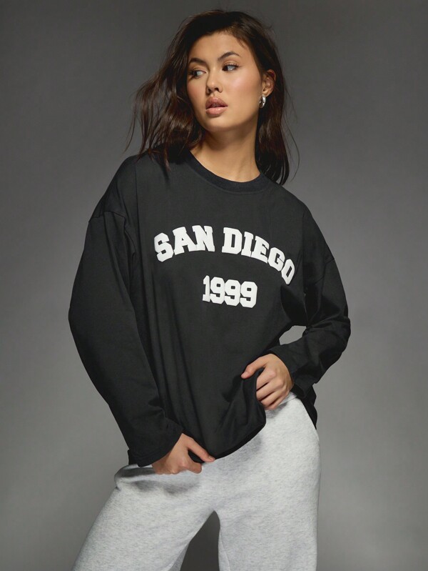 missguided MISSGUIDED Drop Shoulder Long Sleeves Wool Print Graphic T-Shirt