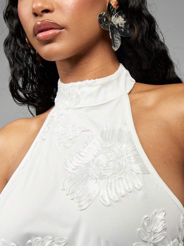 Missguided MISSGUIDED Elegant 3D Floral Embroidered Halter Ruched Bodycon Mini Dress