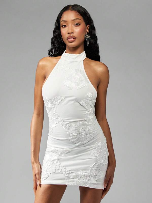 missguided MISSGUIDED Elegant 3D Floral Embroidered Halter Ruched Bodycon Mini Dress
