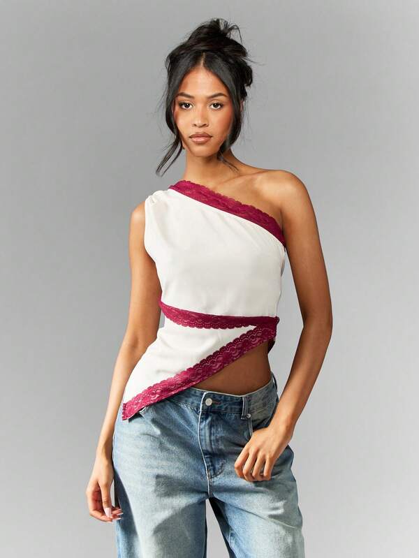 Missguided MISSGUIDED Elegant Asymmetrical One Shoulder Lace Trim Cut Out Top