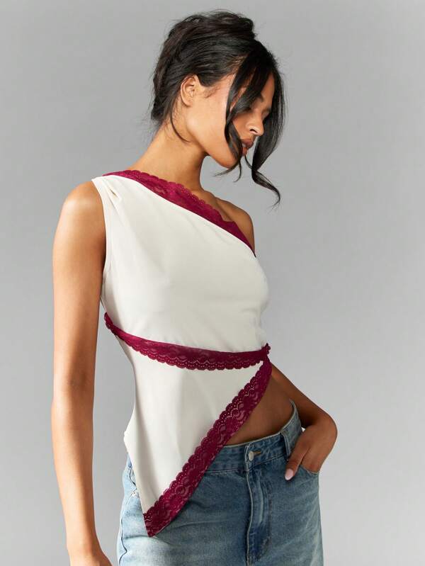 missguided MISSGUIDED Elegant Asymmetrical One Shoulder Lace Trim Cut Out Top