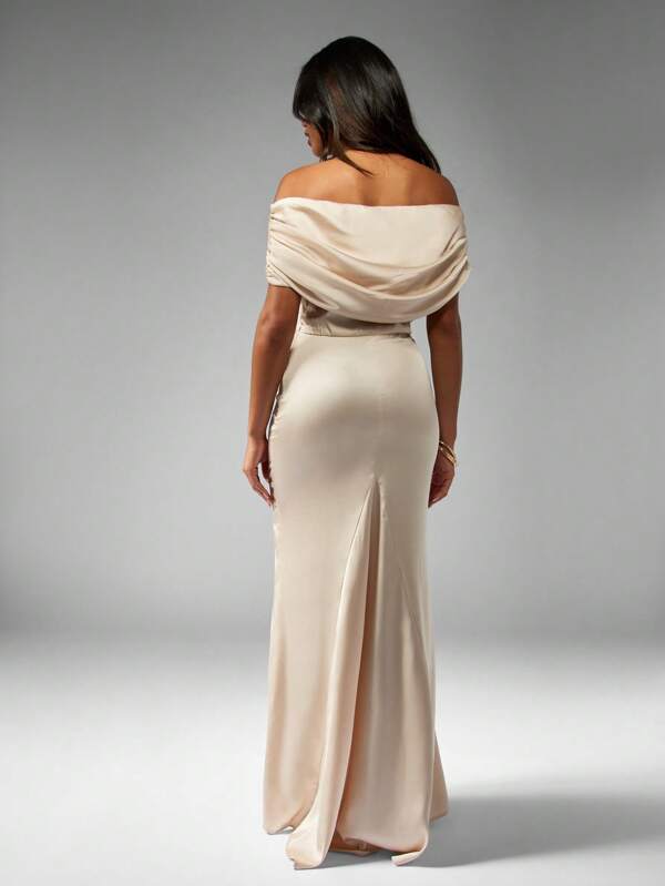 Missguided MISSGUIDED Elegant Bardot Floor Length Satin Ruched Wrap Style Maxi Dress