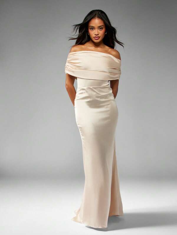 missguided MISSGUIDED Elegant Bardot Floor Length Satin Ruched Wrap Style Maxi Dress