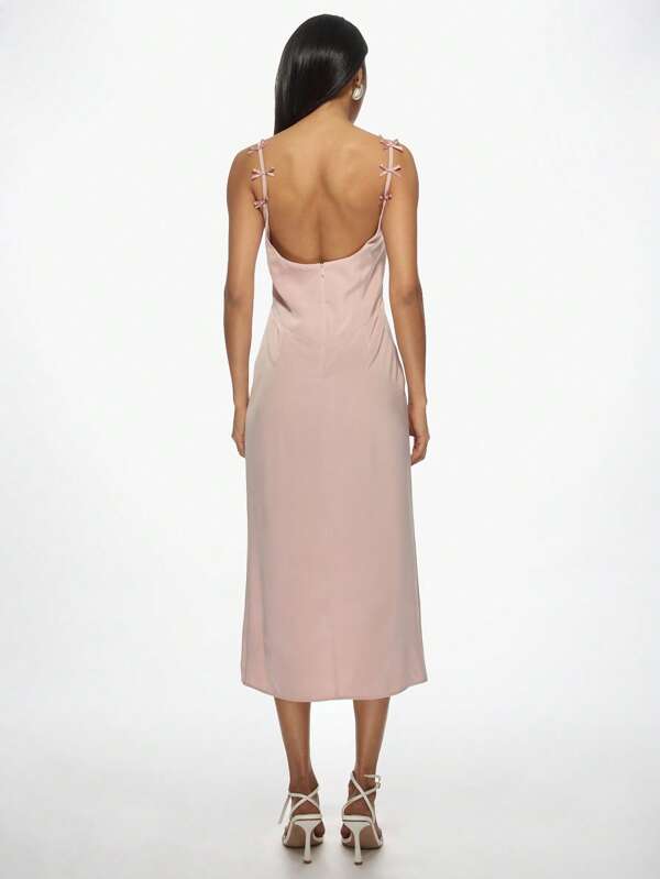 Missguided MISSGUIDED Elegant Bow Strap Midi Dress With Side Split Satin Feel