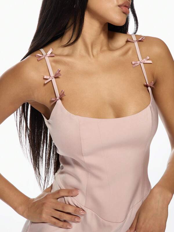 Missguided MISSGUIDED Elegant Bow Strap Midi Dress With Side Split Satin Feel