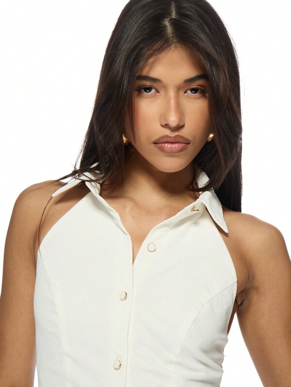 Missguided MISSGUIDED Elegant Button Down Halter Fit And Flare Mini Dress