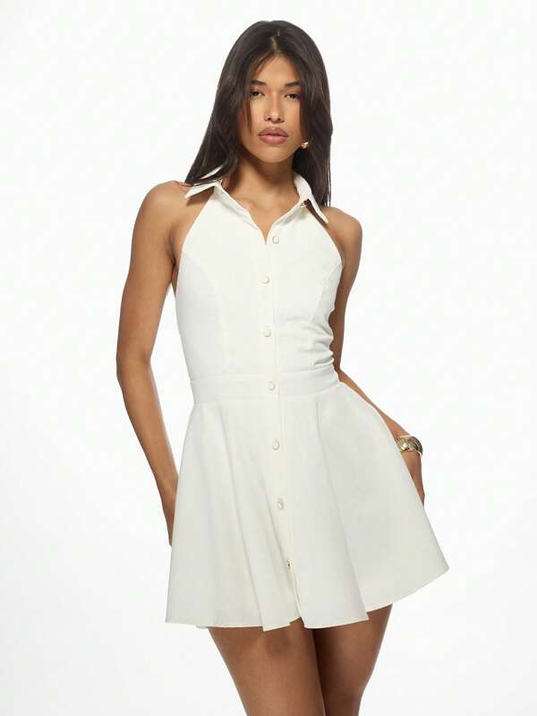 missguided MISSGUIDED Elegant Button Down Halter Fit And Flare Mini Dress