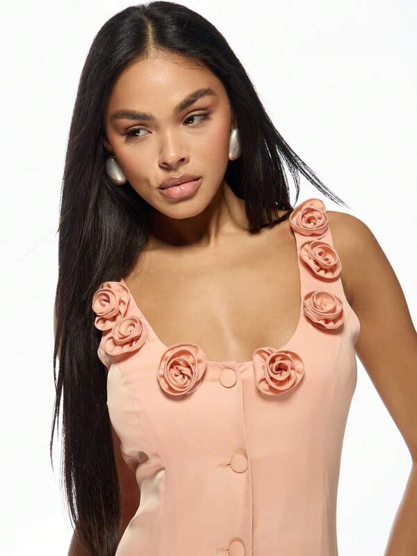 Missguided MISSGUIDED Elegant Button Front Mini Dress With Rose Appliques Sleeveless Bodycon