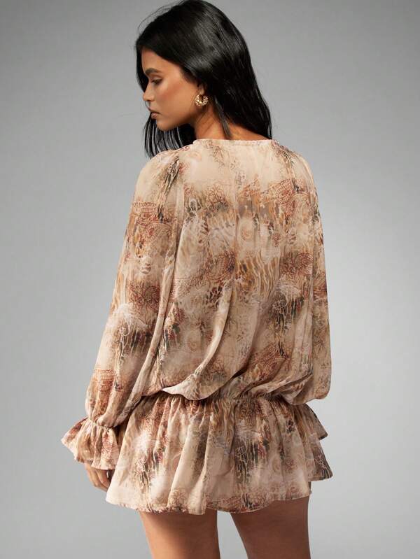 Missguided MISSGUIDED Elegant Chiffon Balloon Sleeve Boho Print Ruffle Hem Blouse