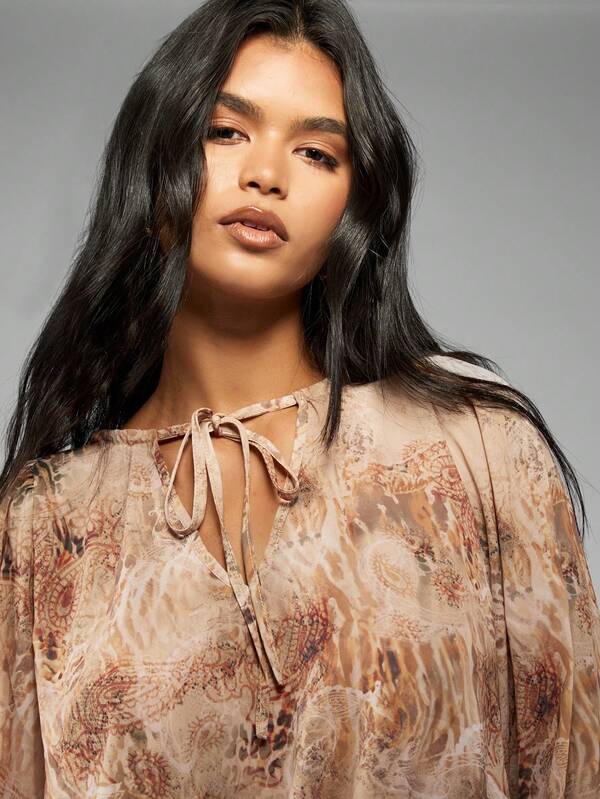 Missguided MISSGUIDED Elegant Chiffon Balloon Sleeve Boho Print Ruffle Hem Blouse