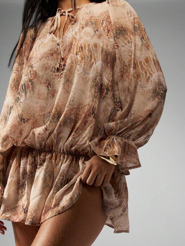 Missguided MISSGUIDED Elegant Chiffon Balloon Sleeve Boho Print Ruffle Hem Blouse