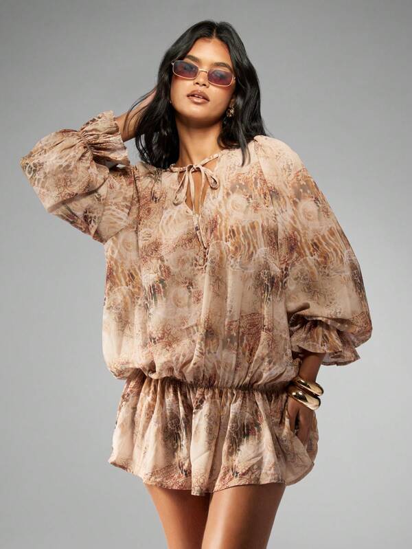 missguided MISSGUIDED Elegant Chiffon Balloon Sleeve Boho Print Ruffle Hem Blouse