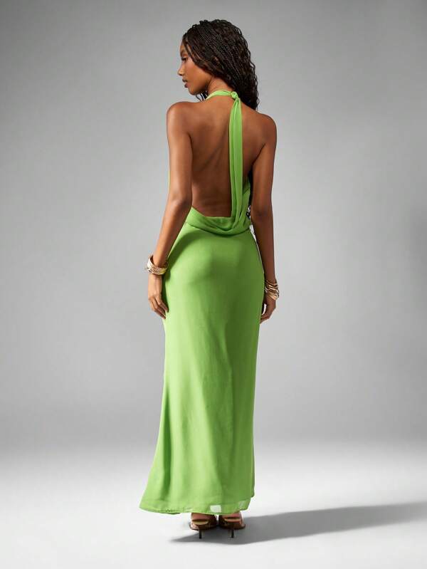 Missguided MISSGUIDED Elegant Chiffon Halter Neck Wrap Backless Midi Dress