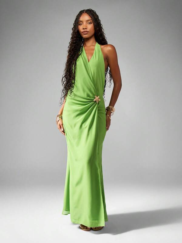 Missguided MISSGUIDED Elegant Chiffon Halter Neck Wrap Backless Midi Dress