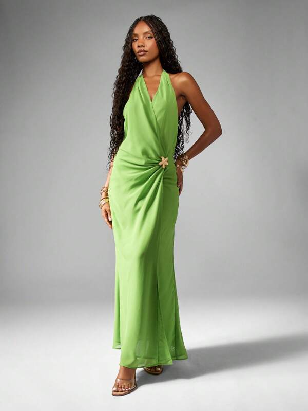 missguided MISSGUIDED Elegant Chiffon Halter Neck Wrap Backless Midi Dress