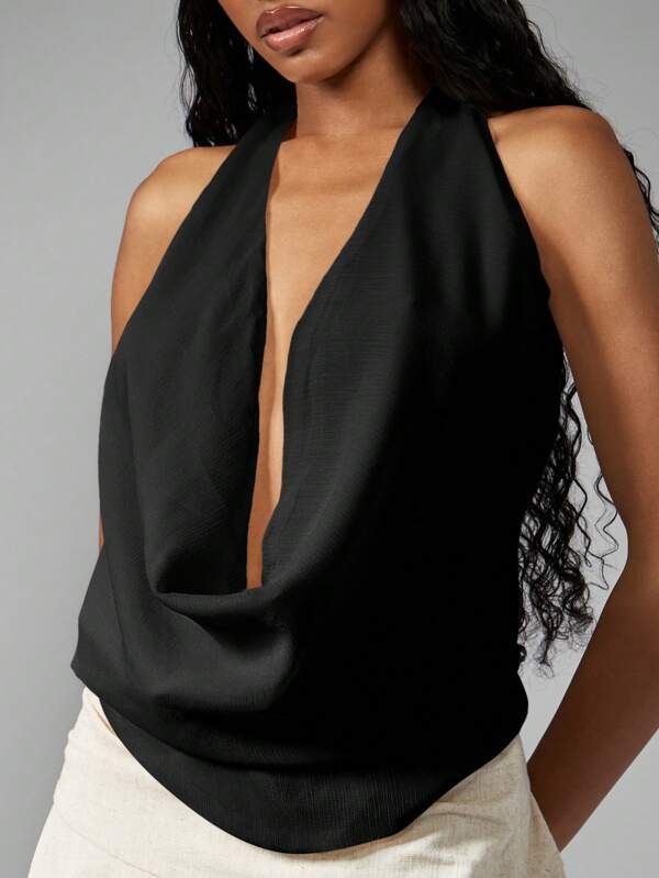 Missguided MISSGUIDED Elegant Chiffon Halter Top With Backless Deep Plunge Cowl Neck Drape Front