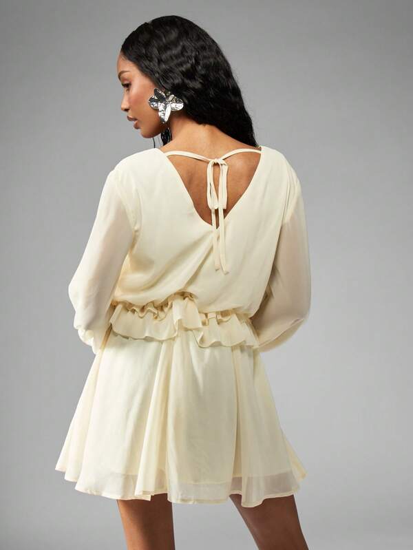 Missguided MISSGUIDED Elegant Chiffon Mini Dress Balloon Sleeves Ruffle Waist Detail V-Neck
