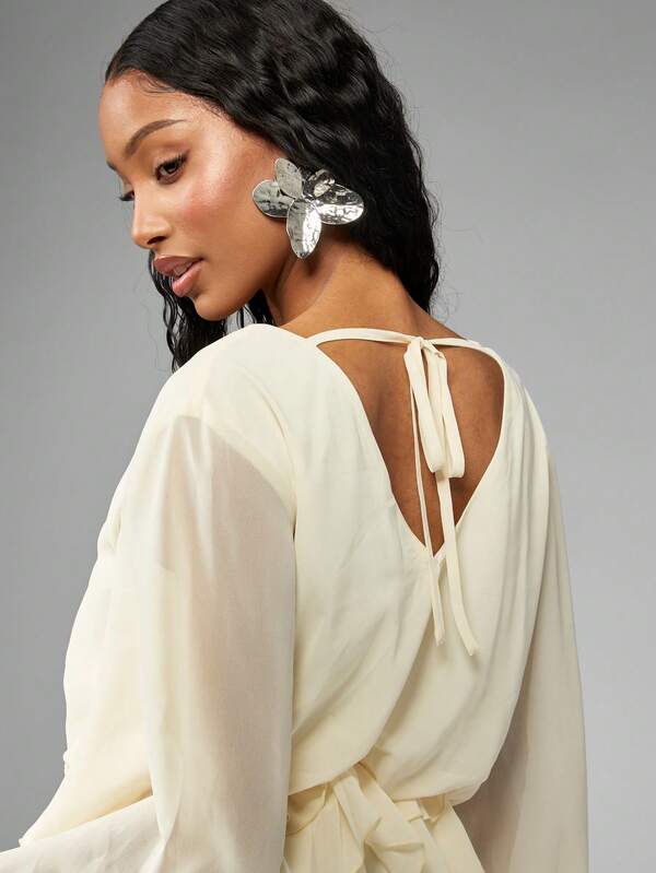Missguided MISSGUIDED Elegant Chiffon Mini Dress Balloon Sleeves Ruffle Waist Detail V-Neck