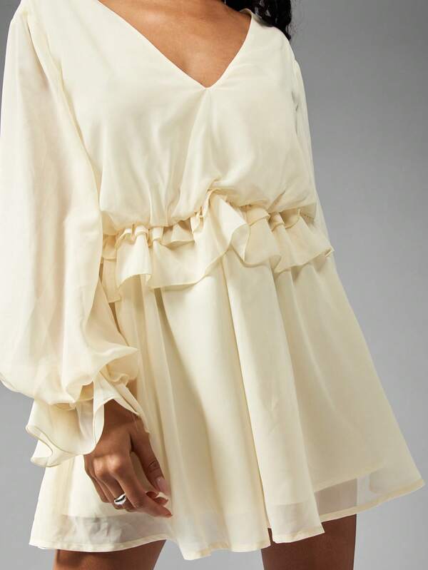 Missguided MISSGUIDED Elegant Chiffon Mini Dress Balloon Sleeves Ruffle Waist Detail V-Neck