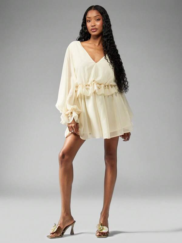 missguided MISSGUIDED Elegant Chiffon Mini Dress Balloon Sleeves Ruffle Waist Detail V-Neck